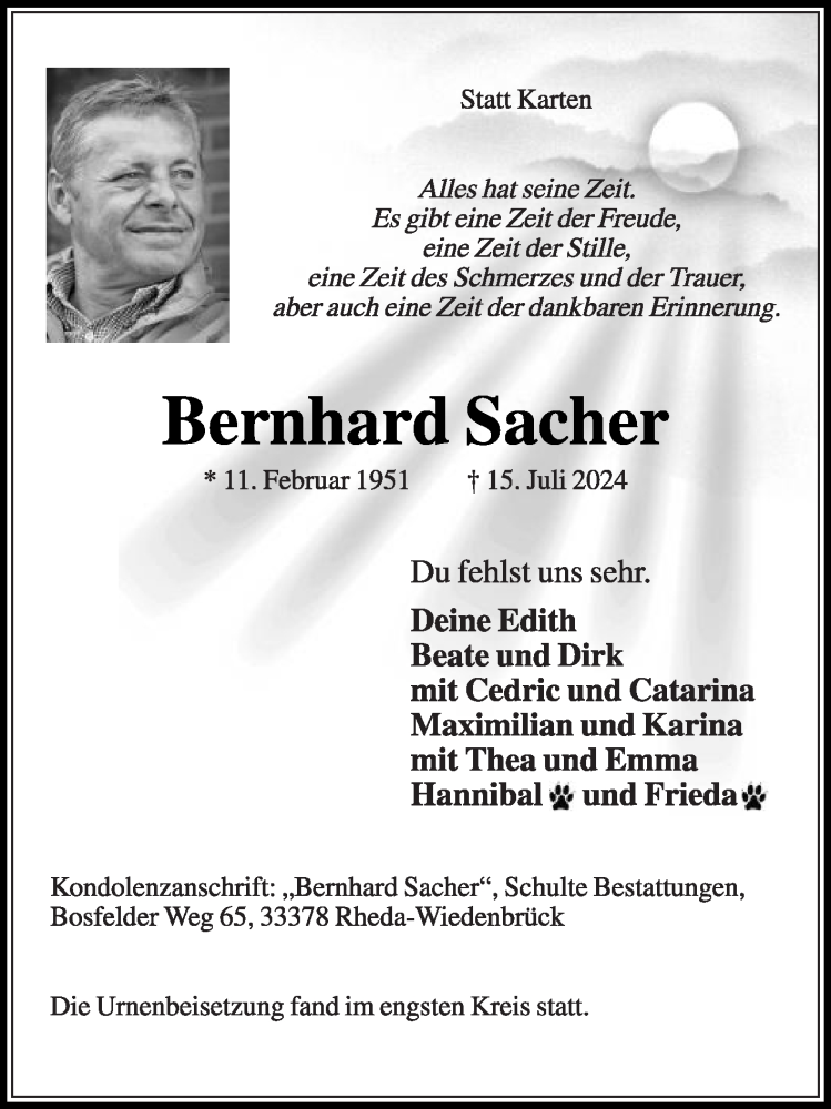  Traueranzeige für Bernhard Sacher vom 31.07.2024 aus Die Glocke