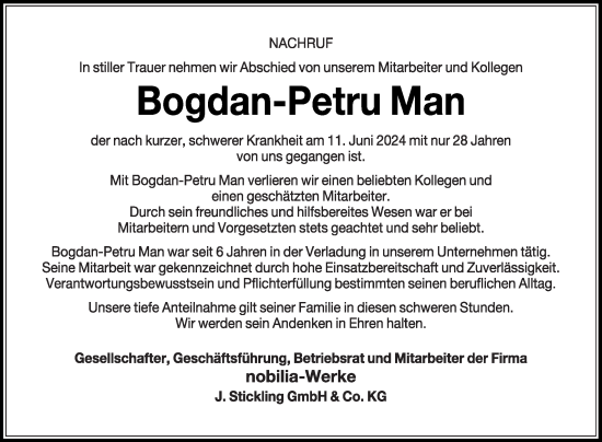 Traueranzeige von Bogdan-Petru Man von Die Glocke