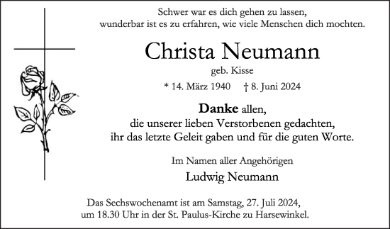 Traueranzeige von Christa Neumann von Die Glocke