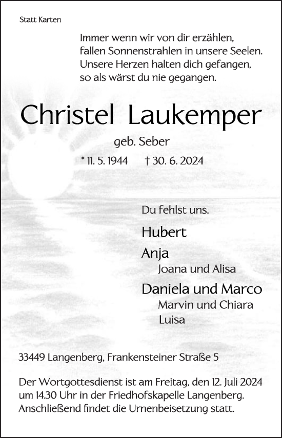 Traueranzeige von Christel Laukemper von Die Glocke