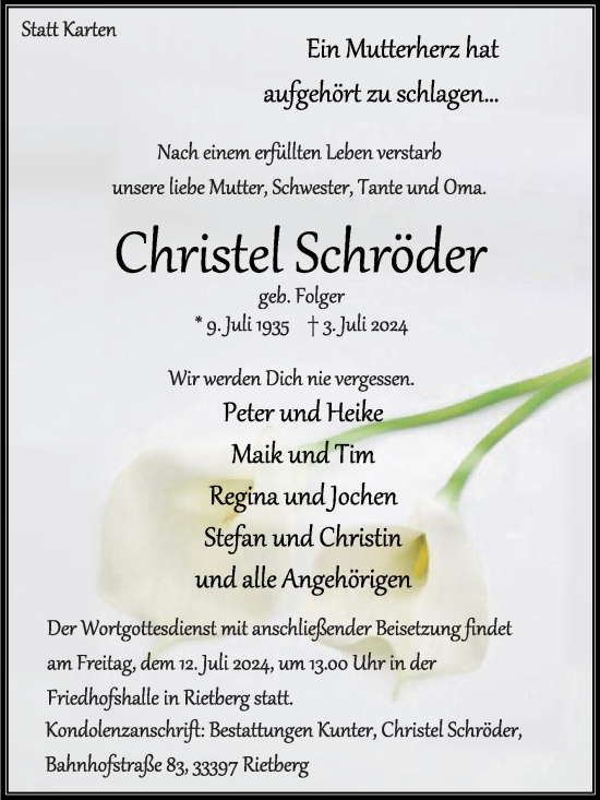 Traueranzeige von Christel Schröder von Die Glocke