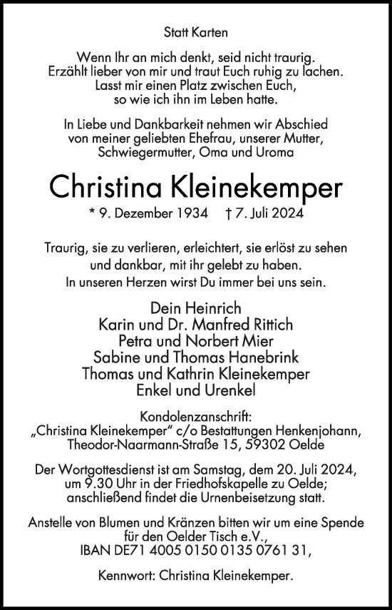 Traueranzeige von Christina Kleinekemper von Die Glocke