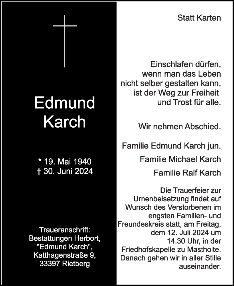  Traueranzeige für Edmund Karch vom 06.07.2024 aus Die Glocke