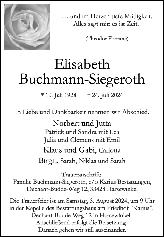 Traueranzeige von Elisabeth Buchmann-Siegeroth von Die Glocke