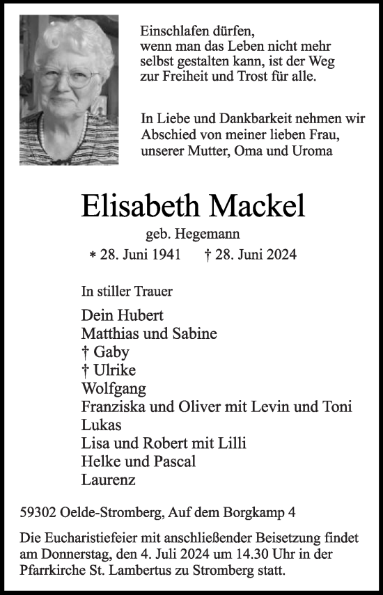 Traueranzeige von Elisabeth Mackel von Die Glocke