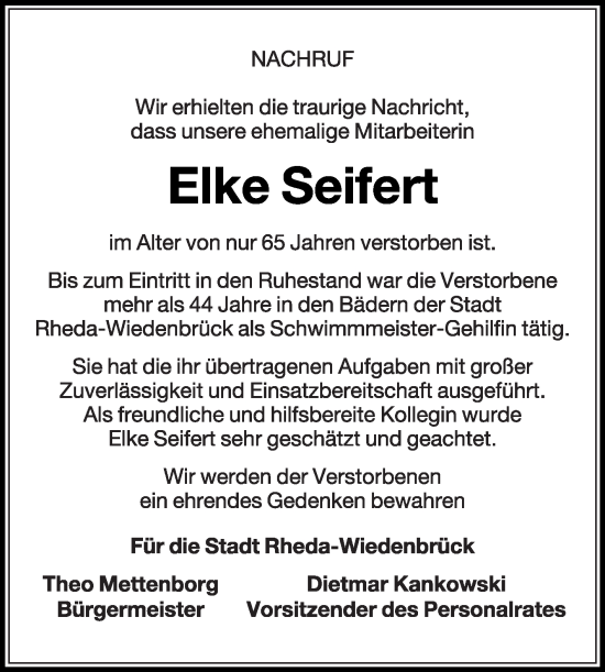 Traueranzeige von Elke Seifert von Die Glocke