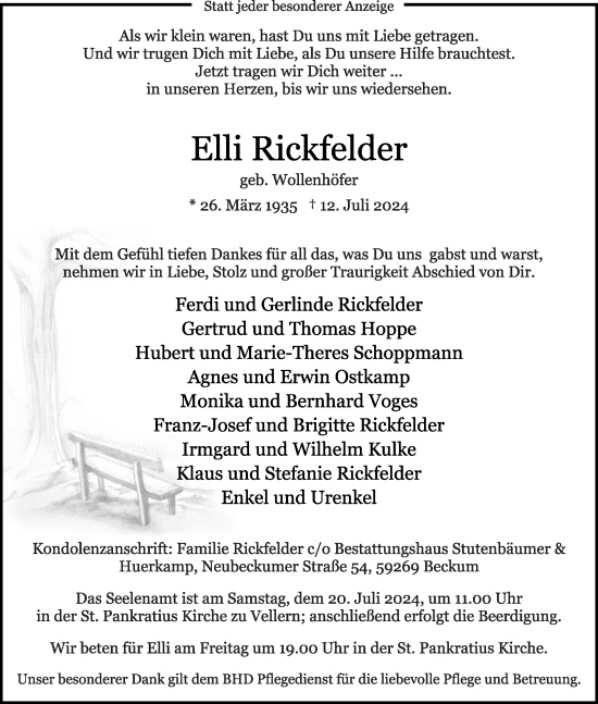 Traueranzeige von Elli Rickfelder von Die Glocke