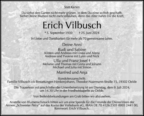 Traueranzeige von Erich Vilbusch von Die Glocke