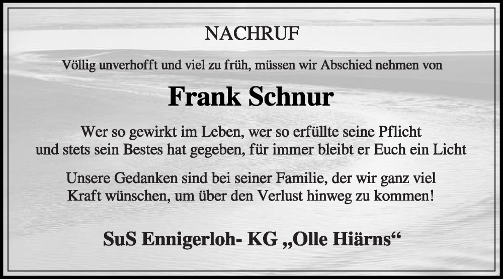  Traueranzeige für Frank Schnur vom 03.07.2024 aus Die Glocke