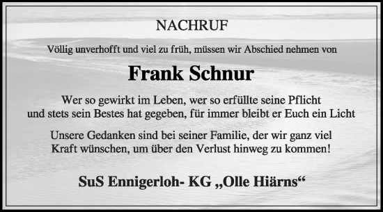 Traueranzeige von Frank Schnur von Die Glocke