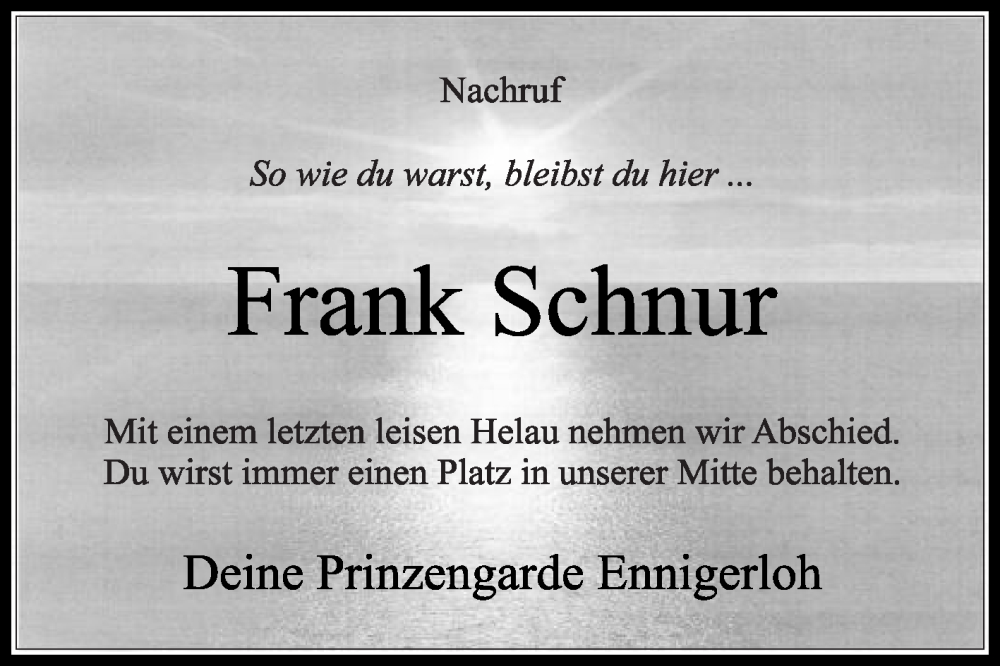  Traueranzeige für Frank Schnur vom 04.07.2024 aus Die Glocke