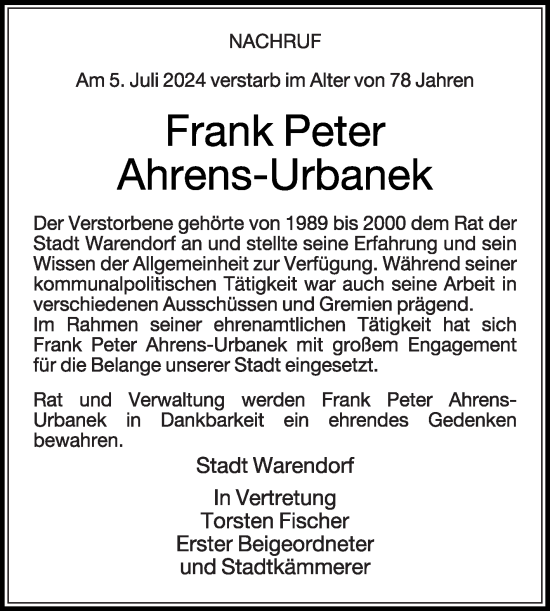 Traueranzeige von Frank Peter Ahrens-Urbanek von Die Glocke