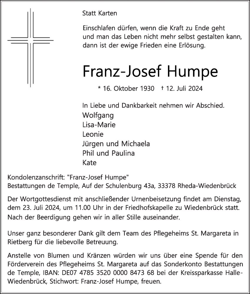  Traueranzeige für Franz-Josef Humpe vom 20.07.2024 aus Die Glocke