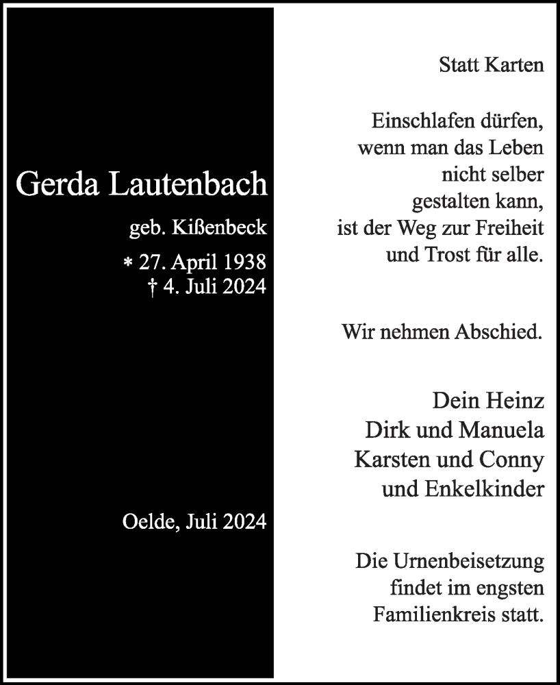  Traueranzeige für Gerda Lautenbach vom 06.07.2024 aus Die Glocke