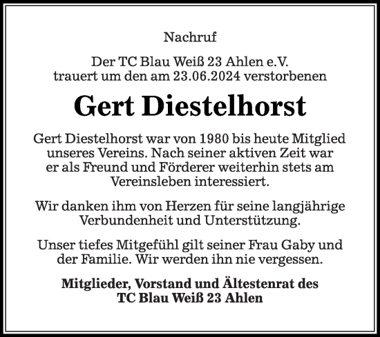 Traueranzeige von Gert Diestelhorst von Die Glocke