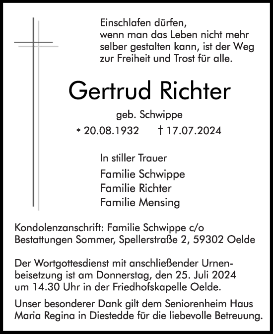 Traueranzeige von Gertrud Richter von Die Glocke