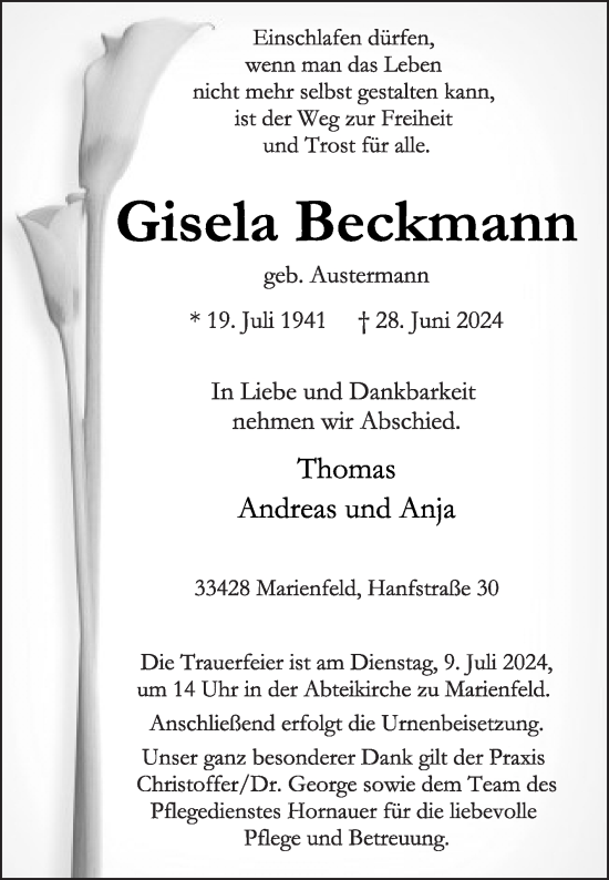 Traueranzeige von Gisela Beckmann von Die Glocke