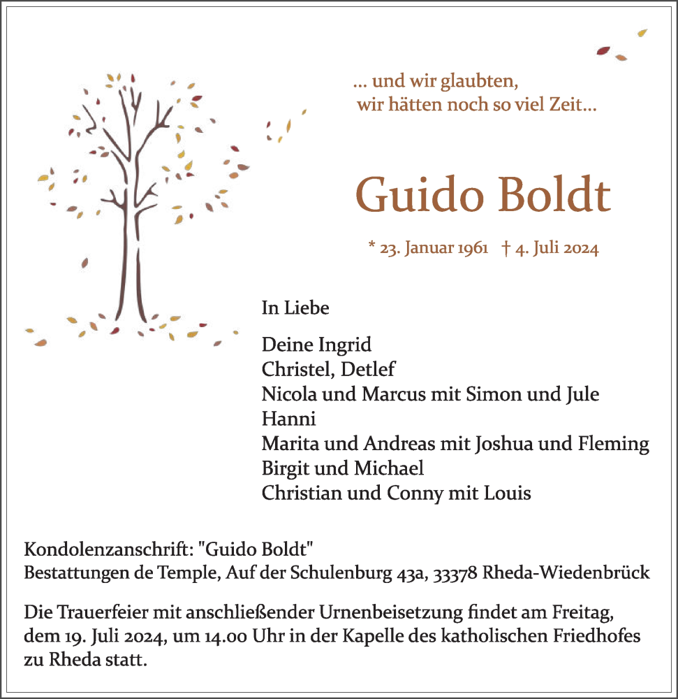  Traueranzeige für Guido Boldt vom 13.07.2024 aus Die Glocke