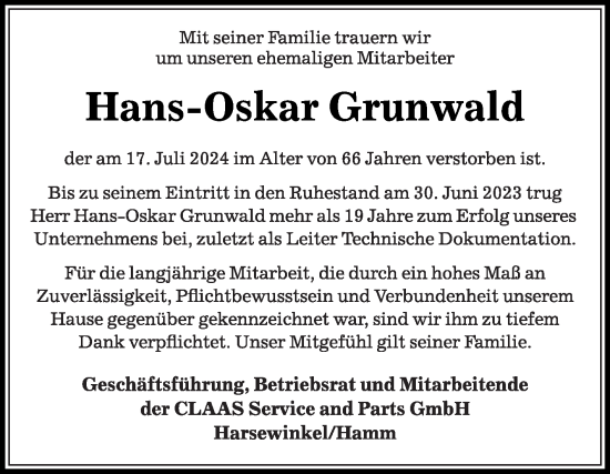 Traueranzeige von Hans-Oskar Grunwald von Die Glocke
