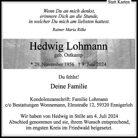 Traueranzeige von Hedwig Lohmann von Die Glocke