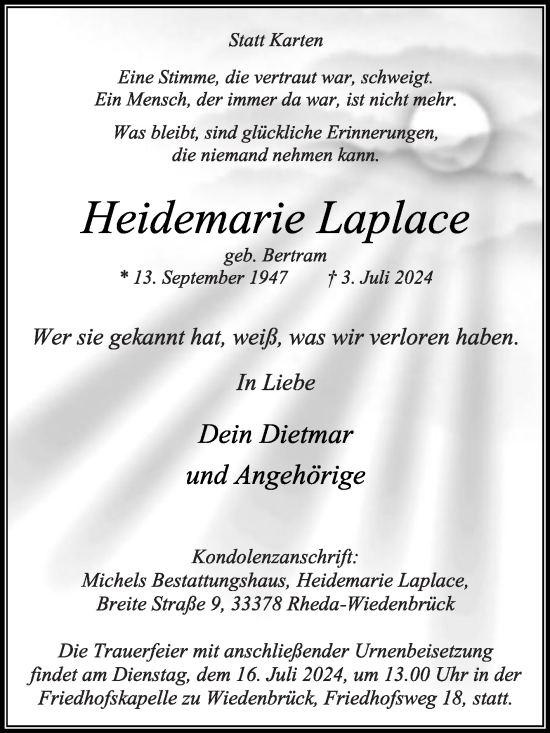 Traueranzeige von Heidemarie Laplace von Die Glocke