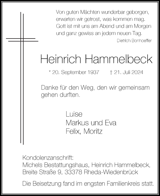 Traueranzeige von Heinrich Hammelbeck von Die Glocke