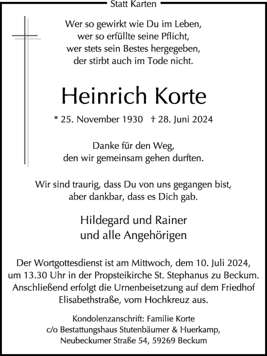 Traueranzeige von Heinrich Korte von Die Glocke