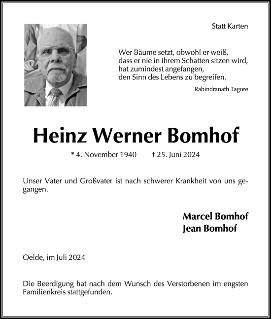 Traueranzeige von Heinz Werner Bomhof von Die Glocke