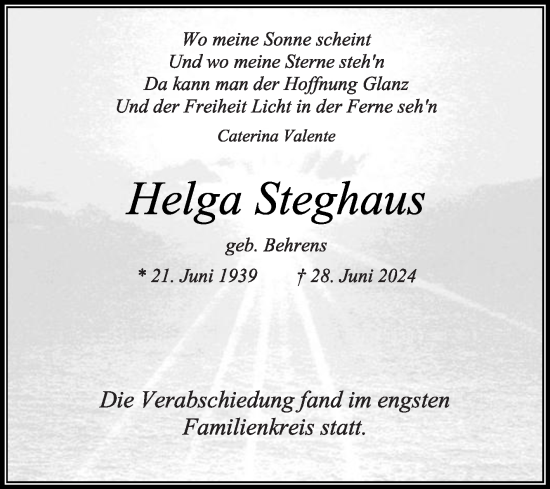 Traueranzeige von Helga Steghaus von Die Glocke