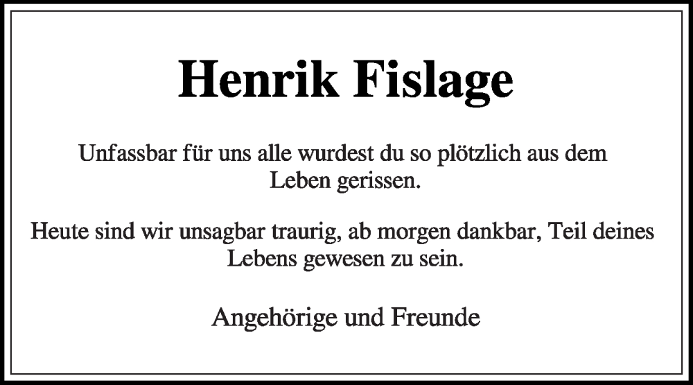  Traueranzeige für Henrik Fislage vom 20.07.2024 aus Die Glocke