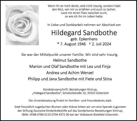 Traueranzeige von Hildegard Sandbothe von Die Glocke