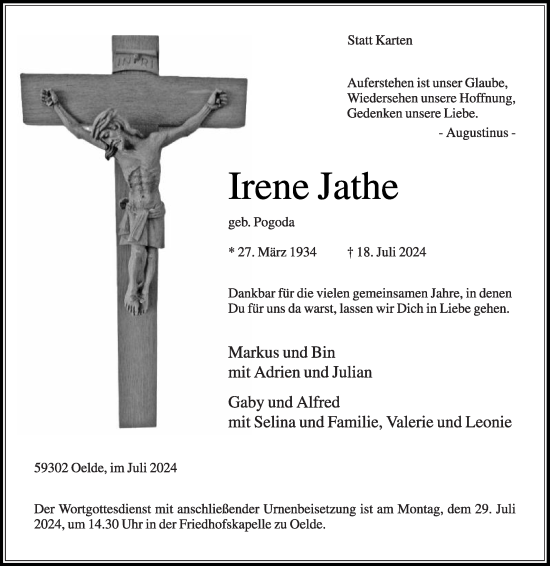 Traueranzeige von Irene Jathe von Die Glocke