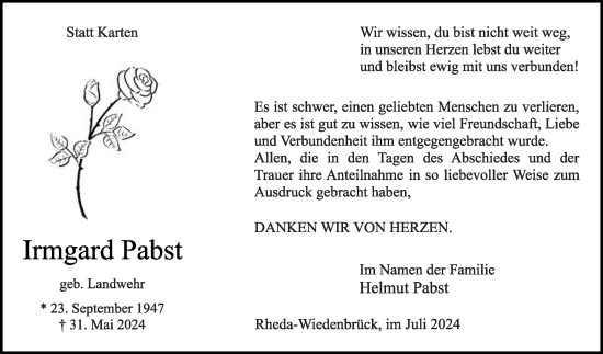 Traueranzeige von Irmgard Pabst von Die Glocke