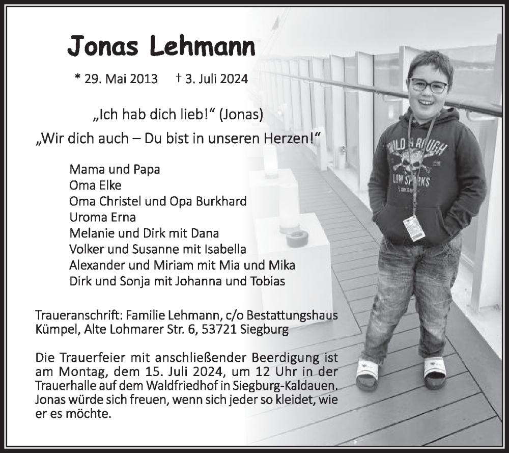  Traueranzeige für Jonas Lehmann vom 11.07.2024 aus Die Glocke