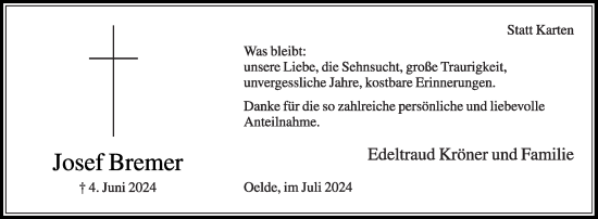 Traueranzeige von Josef Bremer von Die Glocke