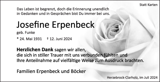 Traueranzeige von Josefine Erpenbeck von Die Glocke