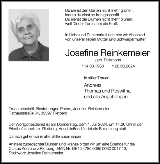 Traueranzeige von Josefine Reinkemeier von Die Glocke