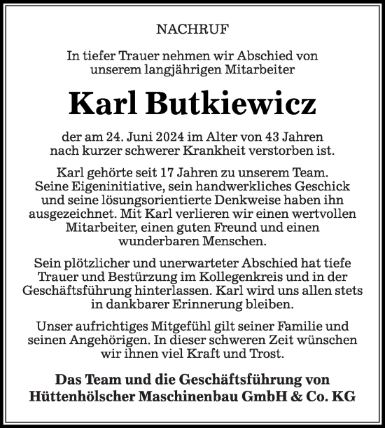 Traueranzeige von Karl Butkiewicz von Die Glocke