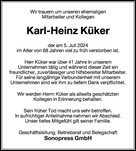 Traueranzeige von Karl-Heinz Küker von Die Glocke
