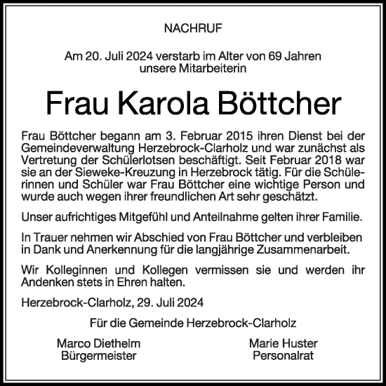 Traueranzeige von Karola Böttcher von Die Glocke