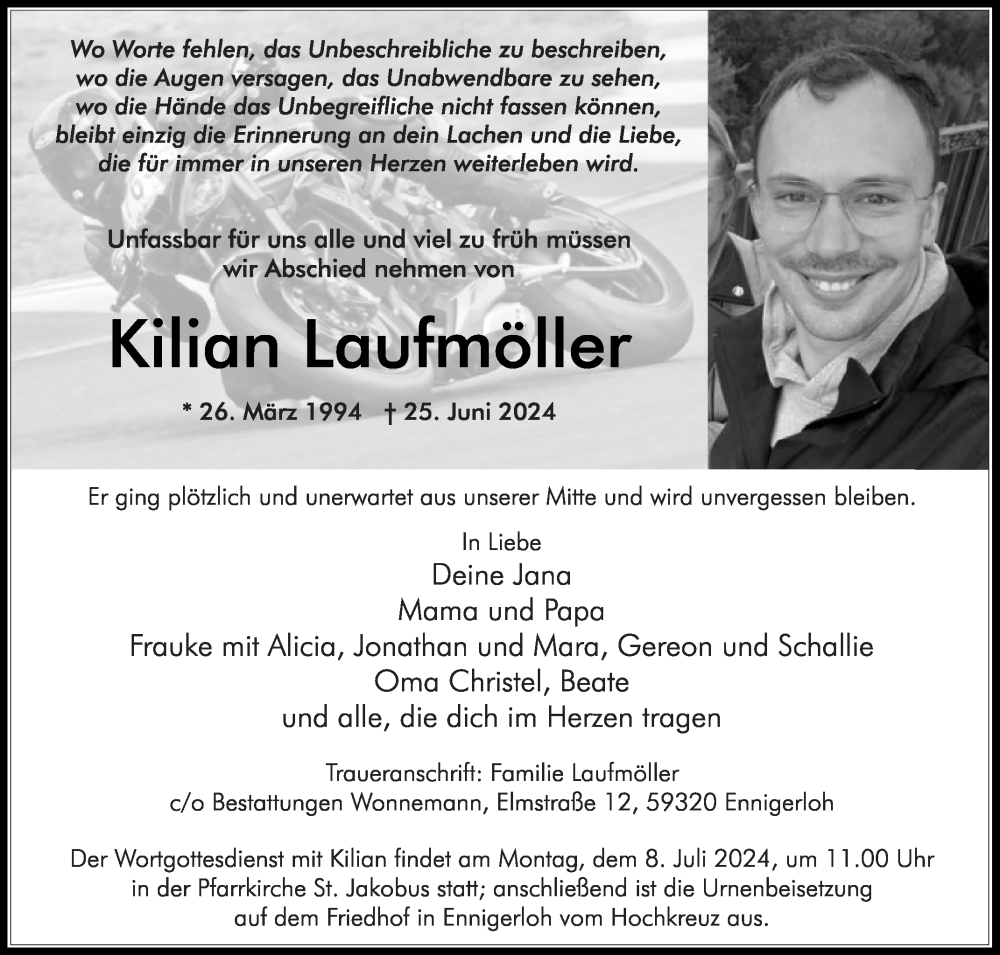  Traueranzeige für Kilian Laufmöller vom 03.07.2024 aus Die Glocke