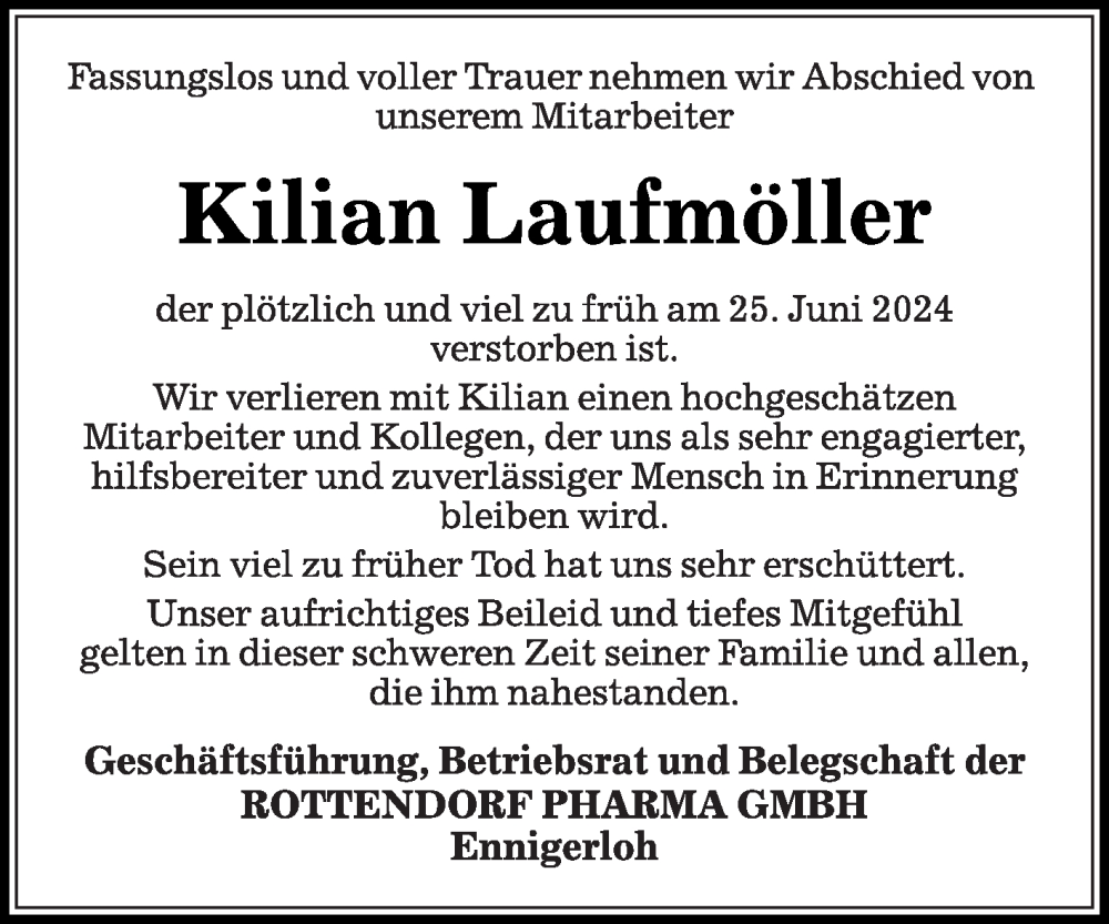  Traueranzeige für Kilian Laufmöller vom 06.07.2024 aus Die Glocke