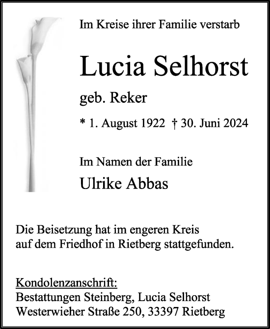 Traueranzeige von Lucia Selhorst von Die Glocke