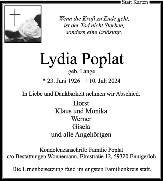 Traueranzeige von Lydia Poplat von Die Glocke