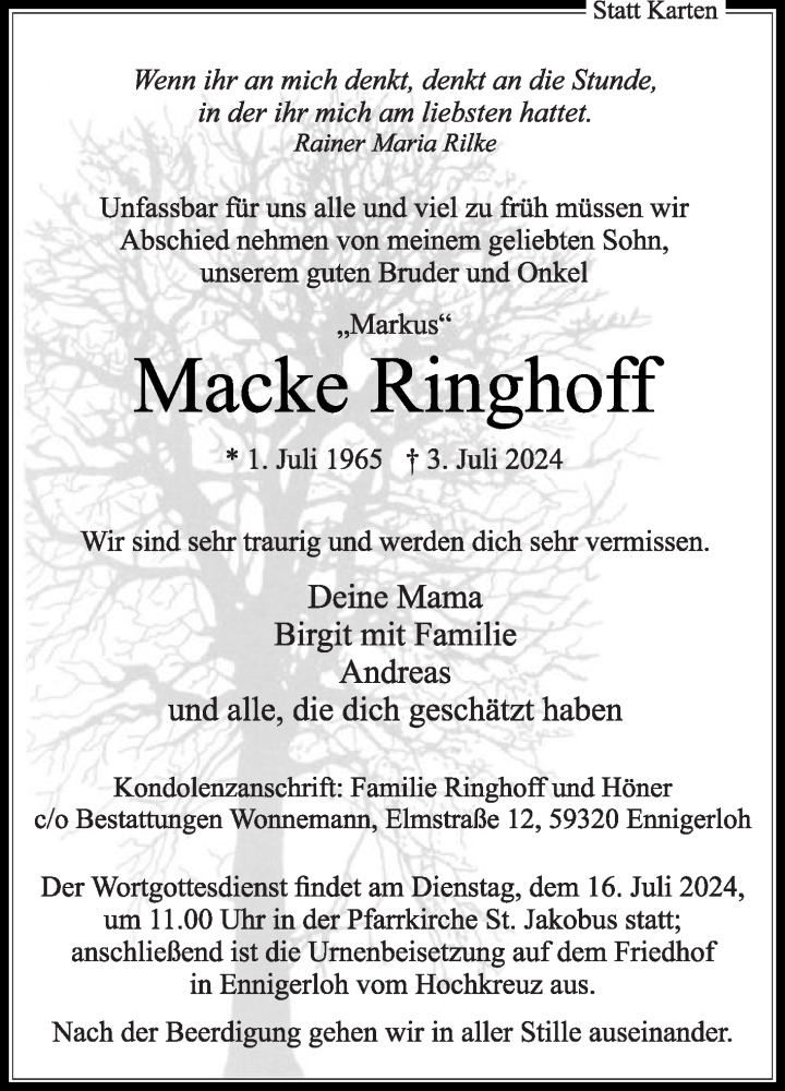  Traueranzeige für Macke Ringhoff vom 10.07.2024 aus Die Glocke