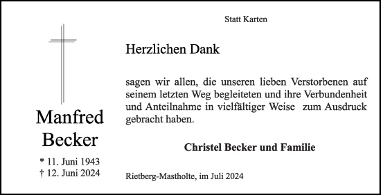 Traueranzeige von Manfred Becker von Die Glocke