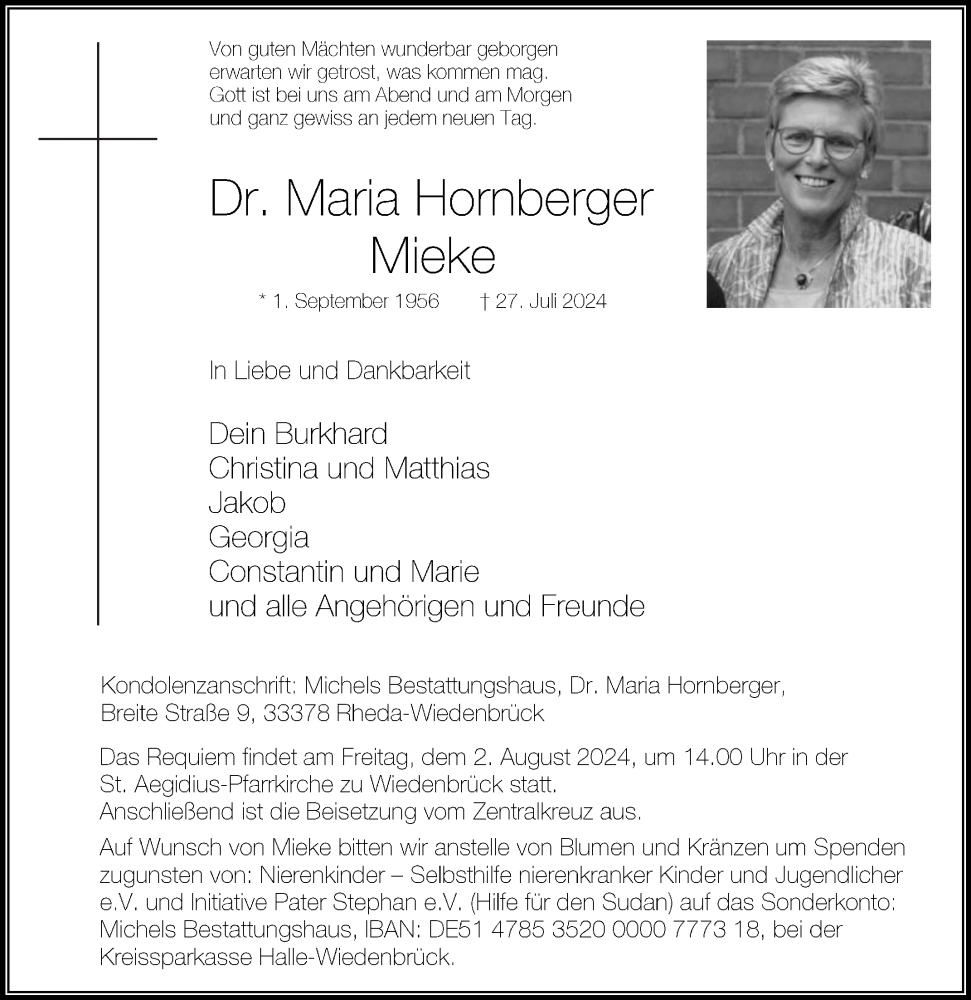  Traueranzeige für Maria Hornberger Mieke vom 30.07.2024 aus Die Glocke