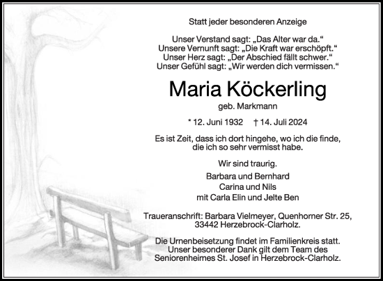 Traueranzeige von Maria Köckerling von Die Glocke