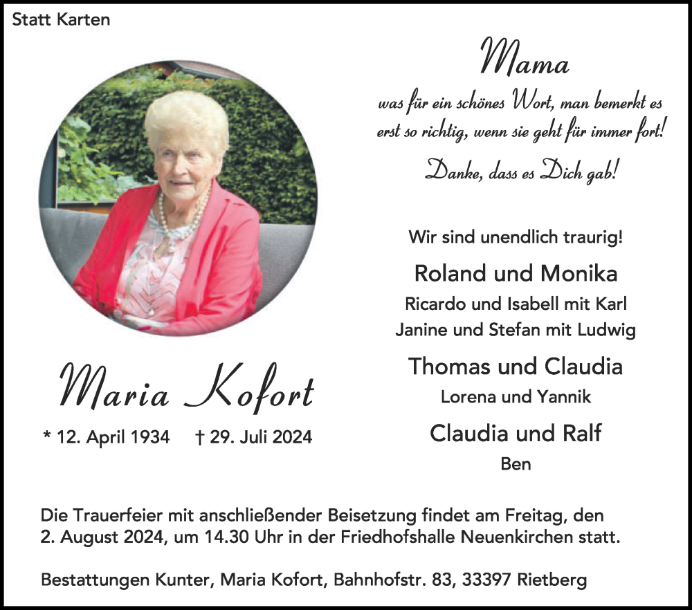  Traueranzeige für Maria Kofort vom 31.07.2024 aus Die Glocke