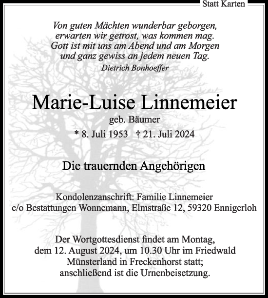 Traueranzeige von Marie-Luise Linnemeier von Die Glocke